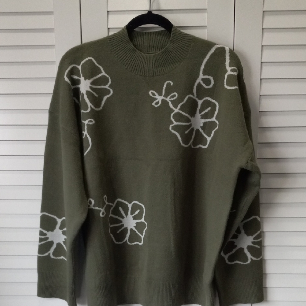 Women's Floral Mock Neck Army Green Sweater with White Floral Design